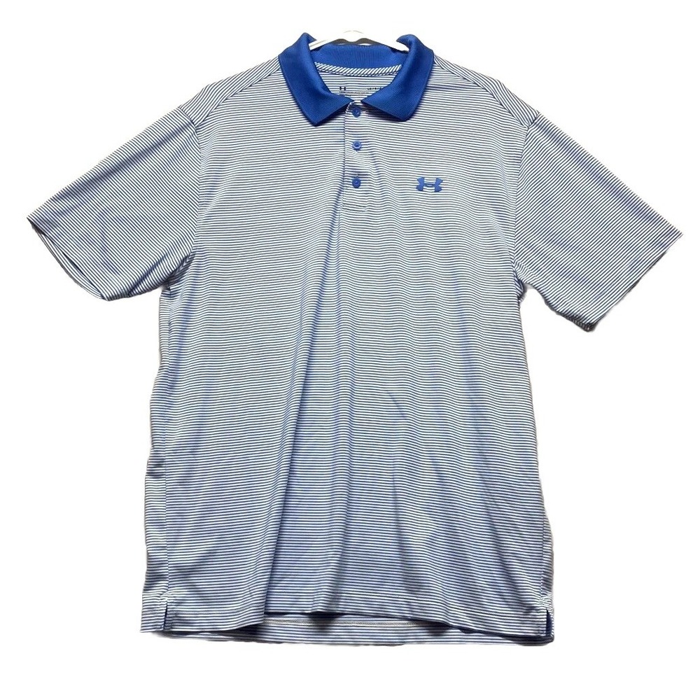Under Armour Heatgear Polo Shirt Mens Large Blue White Striped Side Slit Loose